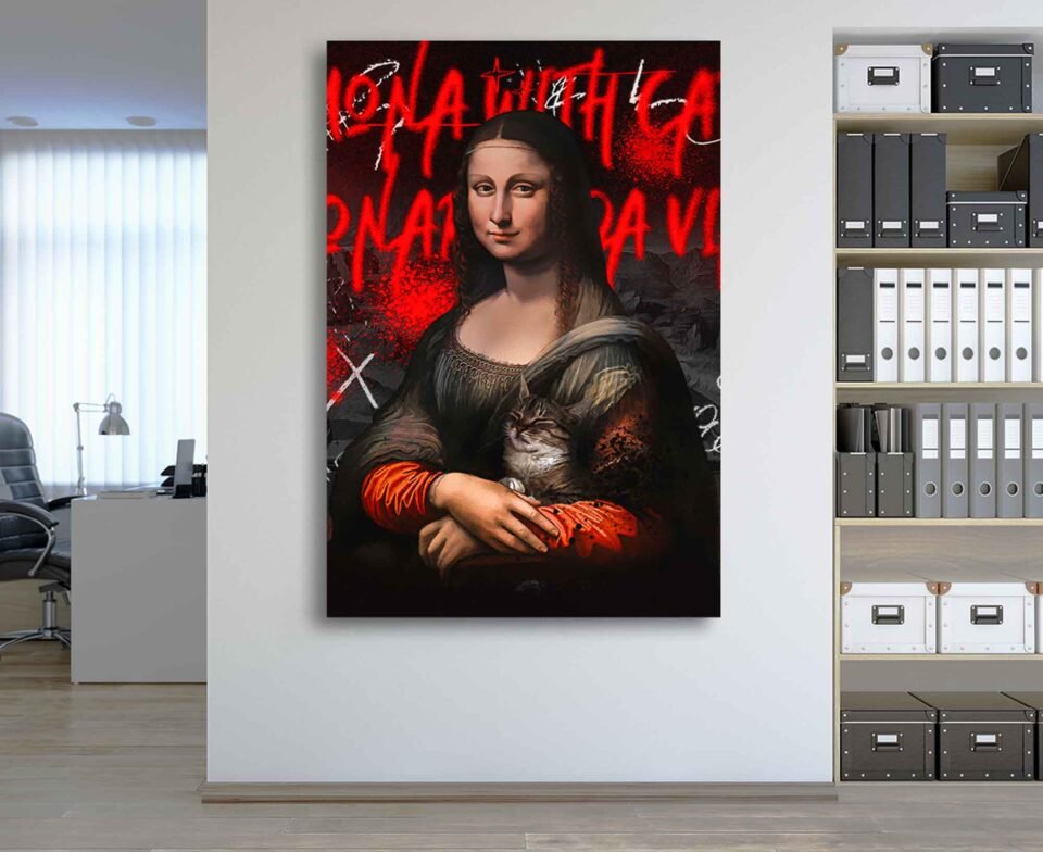 Mona Lisa's Cat Canvas Print | Classic Art Meets Street Art | Modern Da Vinci Parody Wall Art