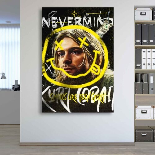 Nevermind - Kurt Cobain Canvas Wall Art | Nirvana Smiley Face Graffiti Print | 90s Grunge Rock Decor for Music Room