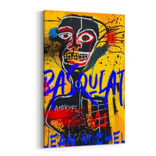 Basquiat Skull Canvas Art Prints | Yellow & Blue Graffiti Art | Modern Neo-Expressionist Wall Decor