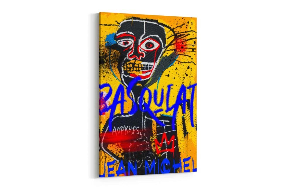 Basquiat Skull Canvas Art Prints | Yellow & Blue Graffiti Art | Modern Neo-Expressionist Wall Decor