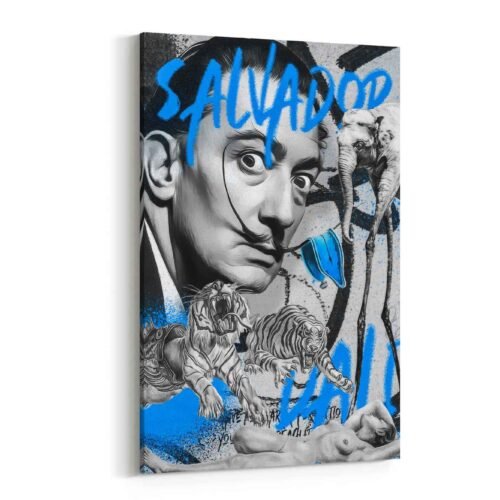 Salvador Dalí Pop Art Canvas | Surrealist Graffiti with Melting Clock & Elephants | Modern Blue & Black Wall Art