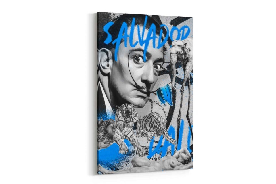 Salvador Dalí Pop Art Canvas | Surrealist Graffiti with Melting Clock & Elephants | Modern Blue & Black Wall Art