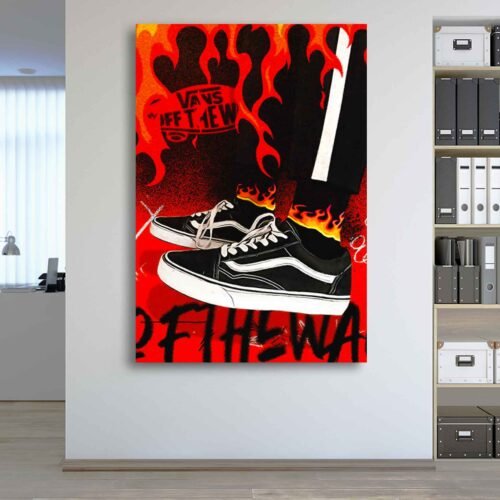 Skater Flames Vans Canvas Print | Red Graffiti & Sneaker Art | Modern Streetwear Wall Decor