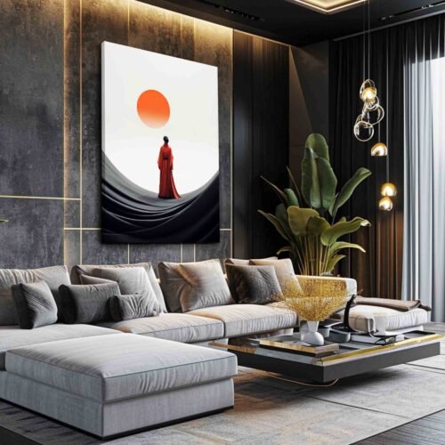 Solitude - Modern Art Japanese Style Canvas Prints | Woman in Red Before the Sun | Minimalist Zen Statement Piece