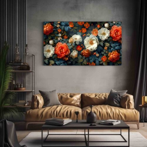 Midnight Garden - Moody Floral Canvas Prints | Classic Artwork of Orange & White Flowers | Timeless Botanical Wall Art Prints
