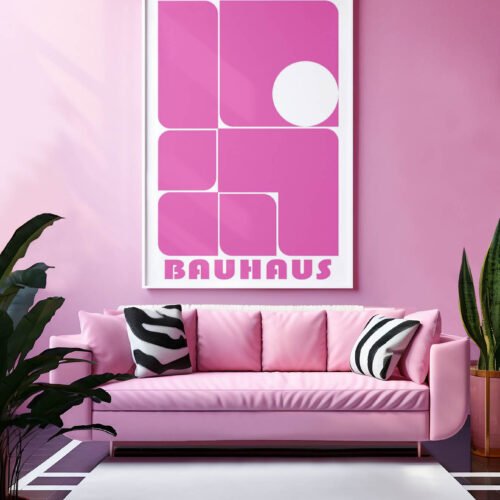 Pink and White Bauhaus Abstract Poster Prints | Minimalist Geometric Wall Art | Pink & White Design Modernist Wall Decor