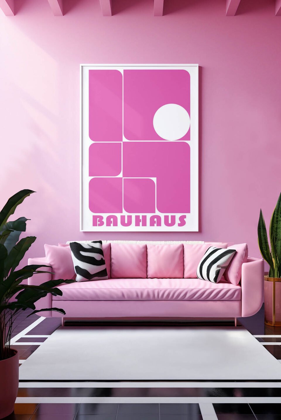 Pink and White Bauhaus Abstract Poster Prints | Minimalist Geometric Wall Art | Pink & White Design Modernist Wall Decor