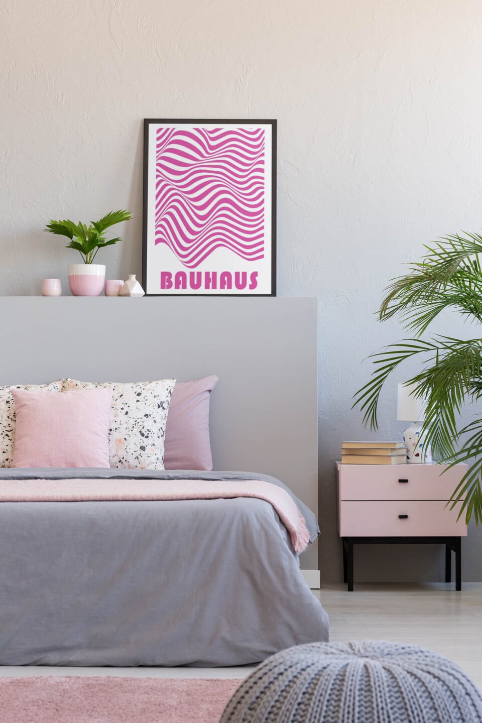 Classic Pink Waves Bauhaus Style Poster | Minimalist Geometric Composition | Modern Art Living Room Wall Art