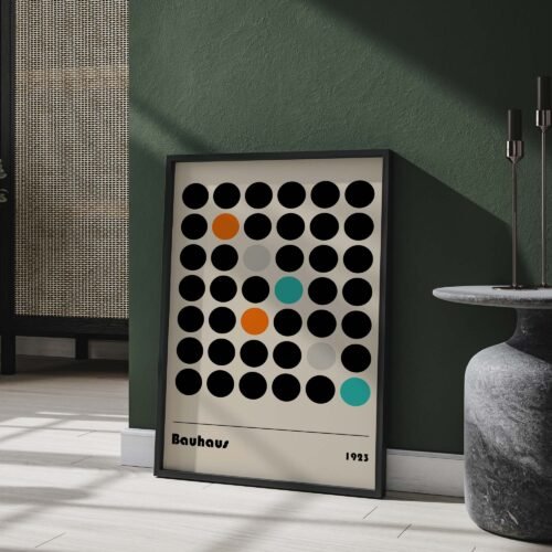Bauhaus Dots Poster Print | Modern Geometric Wall Art | Mid-Century Circles Design | Orange, Teal & Black Minimalist Decor