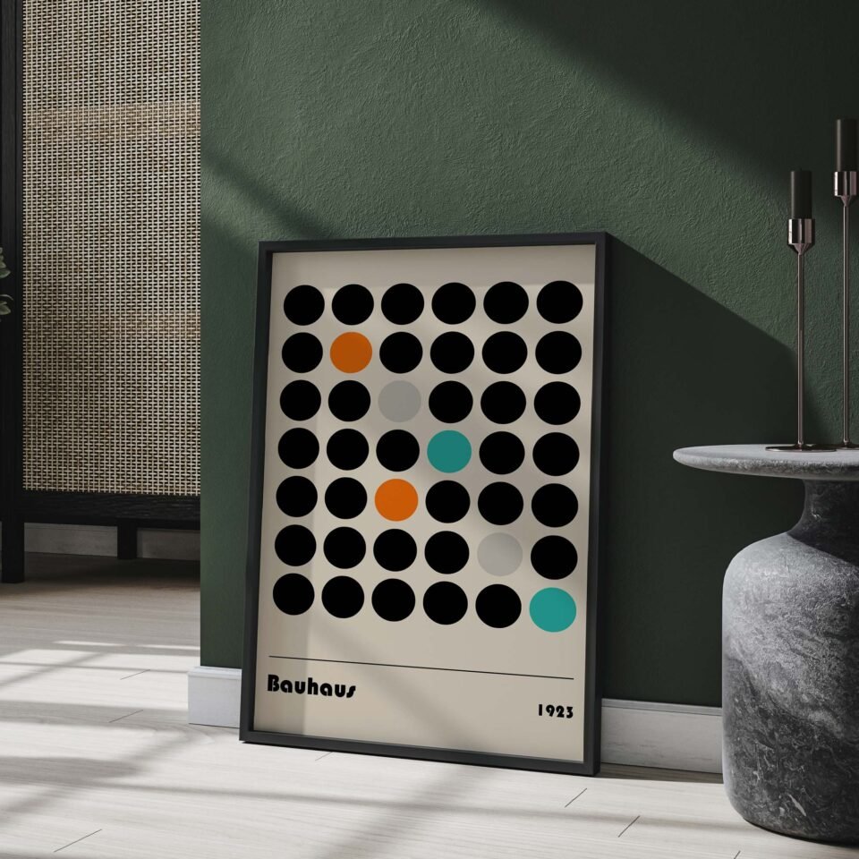 Bauhaus Dots Poster Print | Modern Geometric Wall Art | Mid-Century Circles Design | Orange, Teal & Black Minimalist Decor