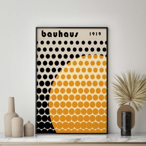 Polka Dot Bauhaus Poster | Minimalist Geometric Art Print Poster | Orange and Black Abstract Wall Decor