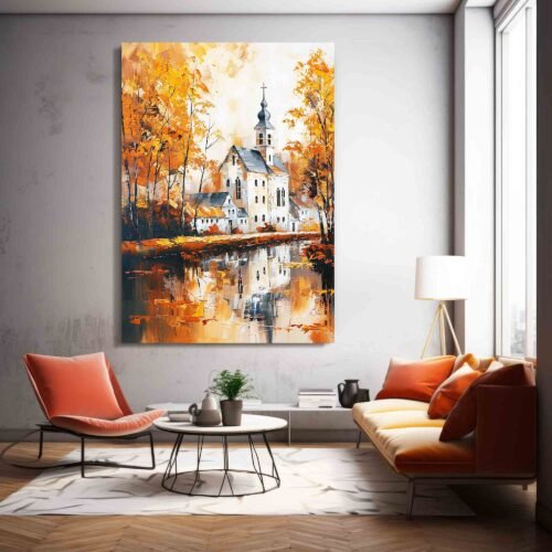 Autumn Sanctuary - Textured Wall Art | Serene Fall Landscape with Reflections | Warm Toned Impressionist Church Canvas Prints