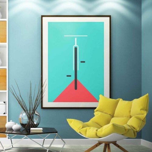 Minimalist Bicycle Poster Print | Abstract Bike on the Road Wall Art | Red & Teal Geometric Cycling Decor for Home or Office