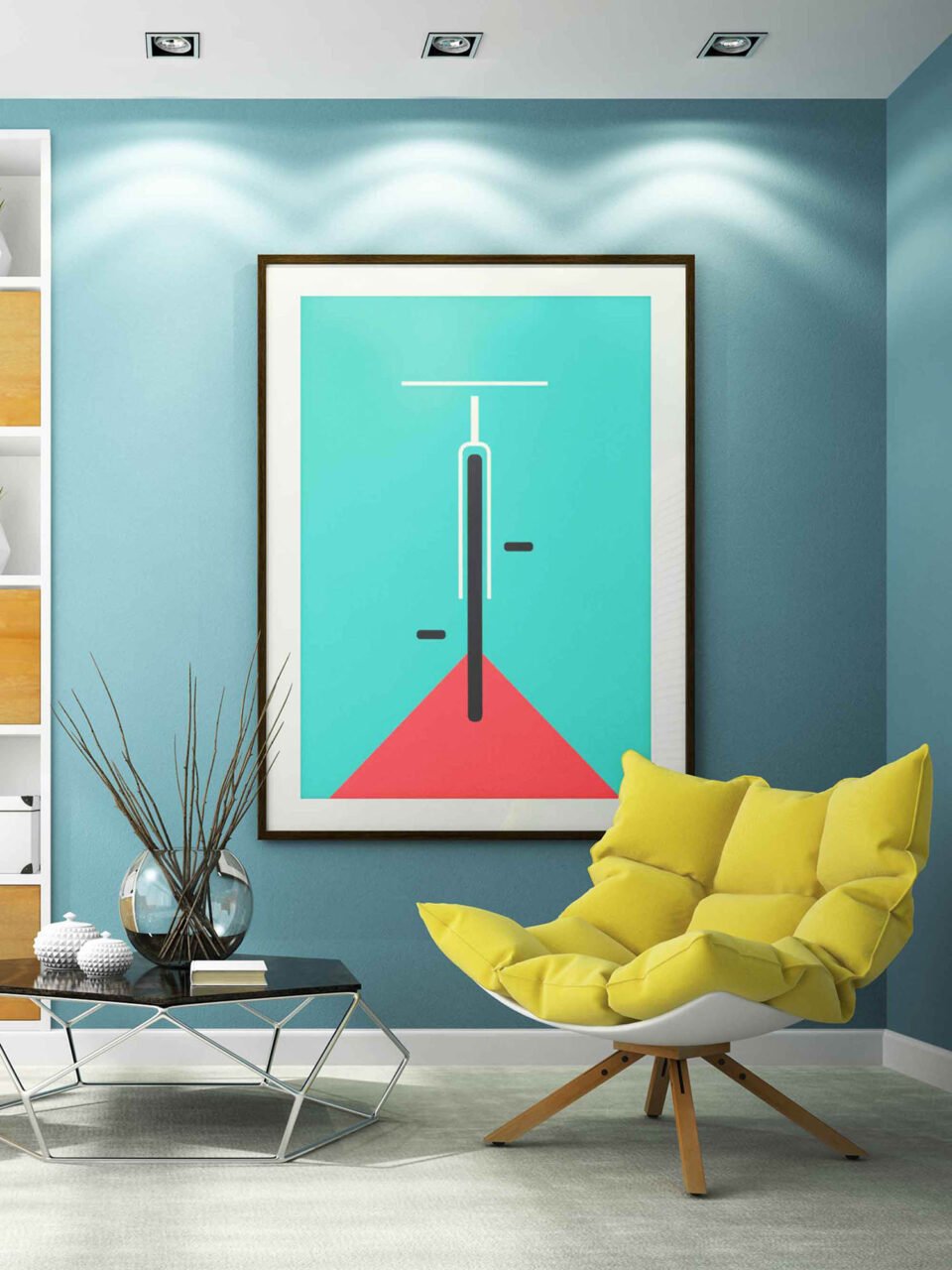Minimalist Bicycle Poster Print | Abstract Bike on the Road Wall Art | Red & Teal Geometric Cycling Decor for Home or Office