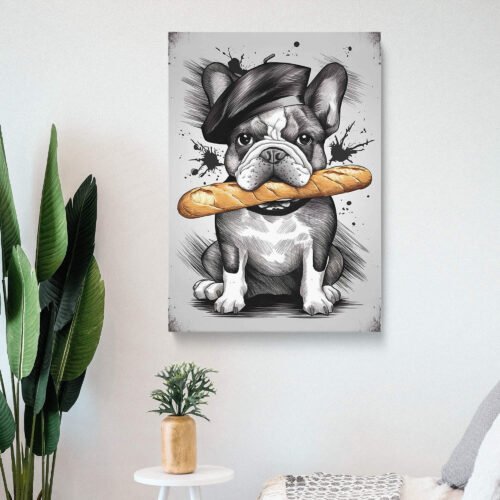 French Bulldog with Beret and Baguette Canvas Print - Frenchie Dog Wall Art
