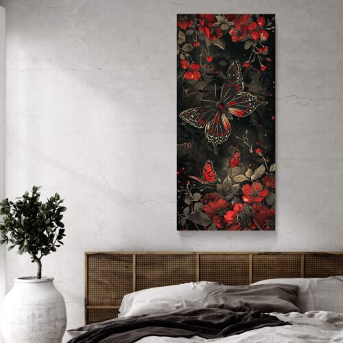Gothic Butterfly Canvas Art - Elegant Red Floral Moth Wall Decor Canvas Print