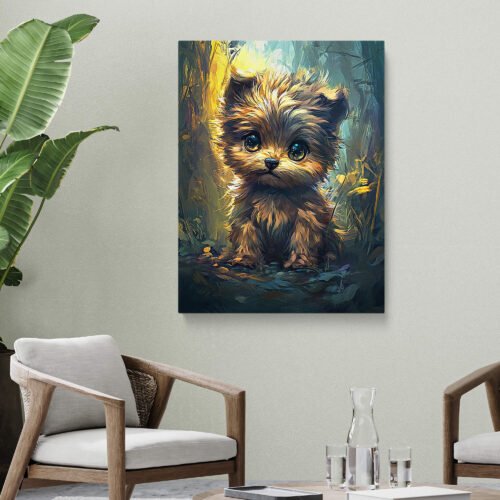 Cute Fluffy Puppy Canvas Print, Big Eyed Dog Art, Enchanted Forest Woodland Nursery Decor