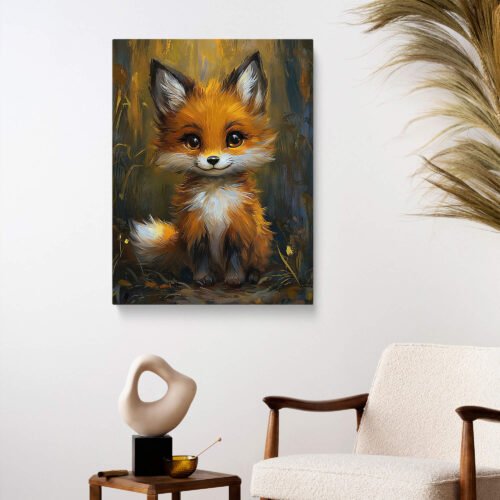 Cute Baby Fox Canvas Print, Big Eyed Forest Animal Art, Enchanted Woodland Nursery Decor