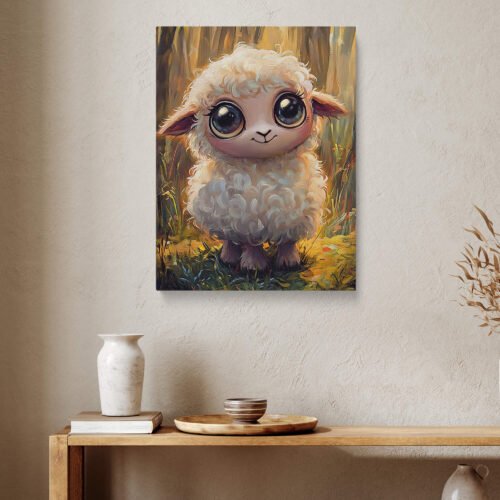Fluffy Lamb Canvas Print, Big Eyed Baby Sheep Art, Gentle Woodland Nursery Decor