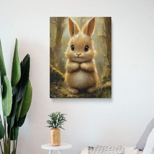 Fluffy Baby Bunny Canvas Print, Big Eyed Rabbit Art, Enchanted Forest Woodland Nursery Decor