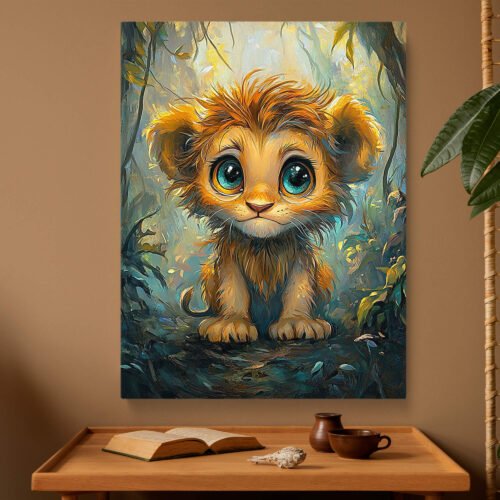 Cute Lion Cub Canvas Print, Big Eyed Jungle Animal Art, Enchanted Forest Nursery Decor