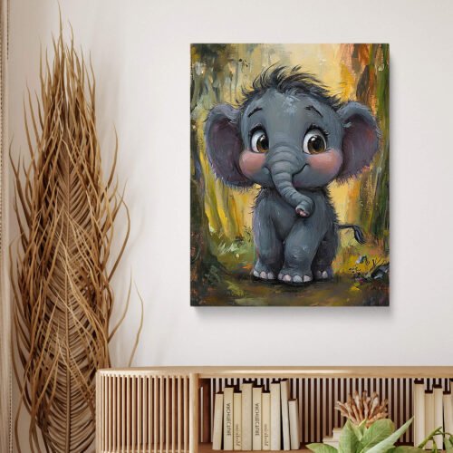Fluffy Baby Elephant Canvas Print, Big Eyed Jungle Animal Art, Enchanted Forest Nursery Decor
