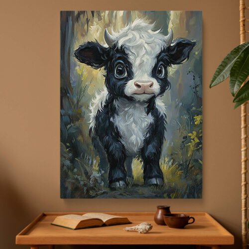 Highland Calf Portrait - Canvas Print, Cute Black and White Cow Art, Fuzzy Farm Animal Nursery Decor