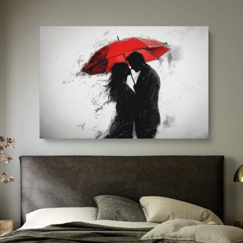 Love in the Rain - Abstract Art on Canvas Print, Red Umbrella Pop Art, Black and White Modern Romance Print