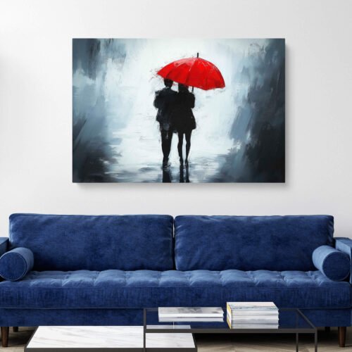Walk into the Rain - Canvas Print, Romantic Couple Silhouette Wall Art, Red Umbrella Farewell Painting Print