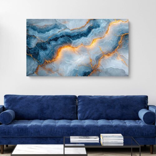 Stormy Blue and Gold - Abstract Art on Canvas Print, Contemporary Ocean Marble Print, Dark Modern Wall Decor