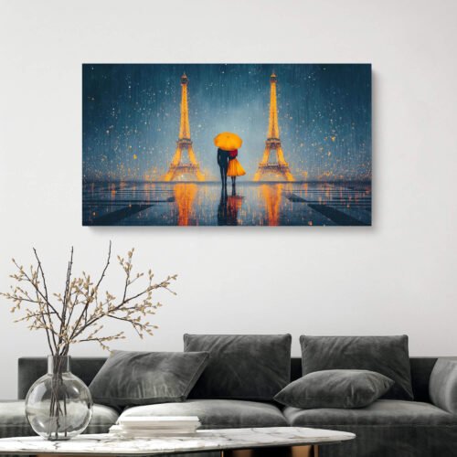 Eiffel Tower Romance - Canvas Print, Couple Under Yellow Umbrella Art, Rainy Paris Love Wall Decor