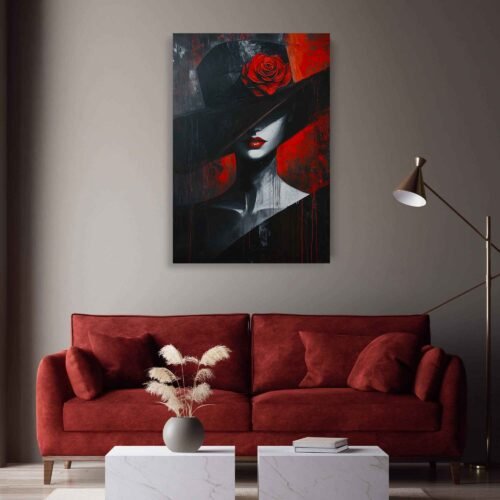 Fashionable Lady with Rose Canvas Print | Abstract Femme Fatale Wall Decor | Bold Red and Black Art for Living Room