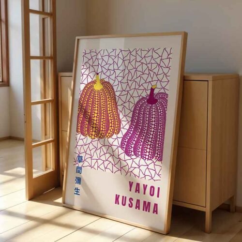 Yayoi Kusama Pumpkins Poster Print | Yellow & Pink Polka Dot Art with Infinity Net | Contemporary Japanese Wall Art Prints