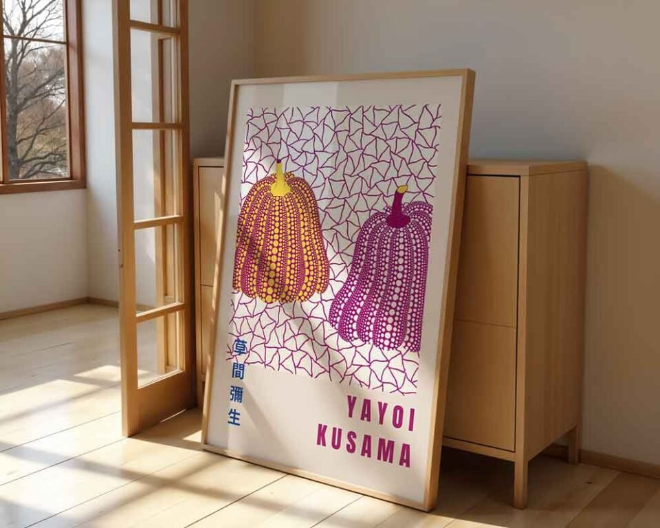 Yayoi Kusama Pumpkins Poster Print | Yellow & Pink Polka Dot Art with Infinity Net | Contemporary Japanese Wall Art Prints
