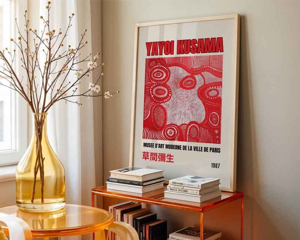 Yayoi Kusama Paris Exhibition 1987 Poster Print | Minimalist Red Abstract Polka Dot & Infinity Net Wall Art | Contemporary Japanese Pop Art Prints