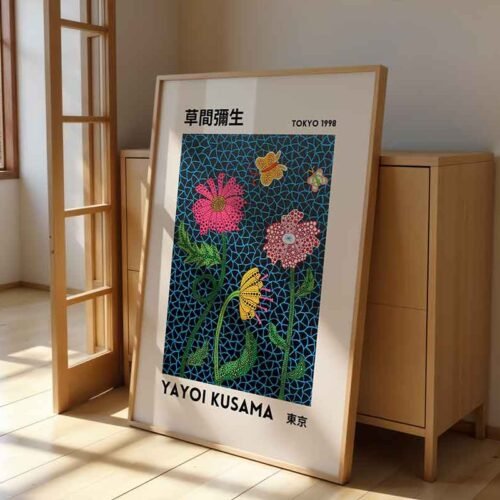 Vintage Yayoi Kusama Exhibition Poster | Colourful Polka Dot Flowers & Butterflies | Avant-Garde Japanese Pop Art Print