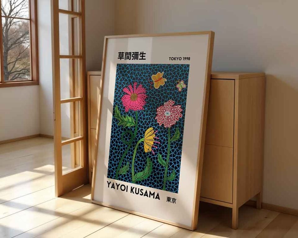 Vintage Yayoi Kusama Exhibition Poster | Colourful Polka Dot Flowers & Butterflies | Avant-Garde Japanese Pop Art Print