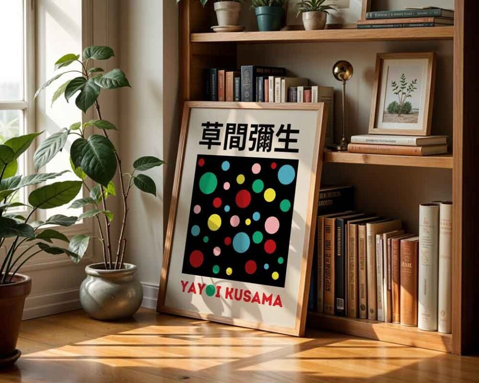 Yayoi Kusama Polka Dot Poster Print | Colourful Abstract Dots on Black Background | Contemporary Japanese Pop Art for Wall Decor