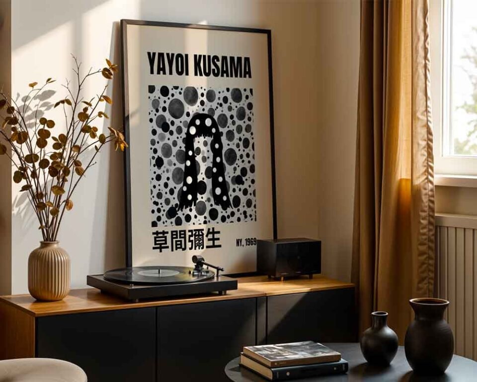 Yayoi Kusama New York 1969 Exhibition Poster Print | Black and White Polka Dot Self-Portrait | Contemporary Japanese Wall Art