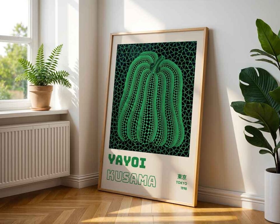 Green Pumpkin Yayoi Kusama Tokyo 1998 Exhibition Poster Print | Green Polka Dot Pumpkin & Infinity Net | Contemporary Japanese Wall Art