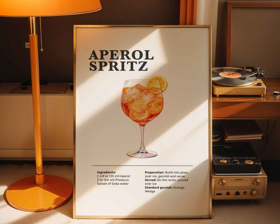 Aperol Spritz Cocktail Recipe Poster Print | Minimalist Bar Cart Wall Art | Kitchen & Dining Room Decor | Illustrated Cocktail Guide