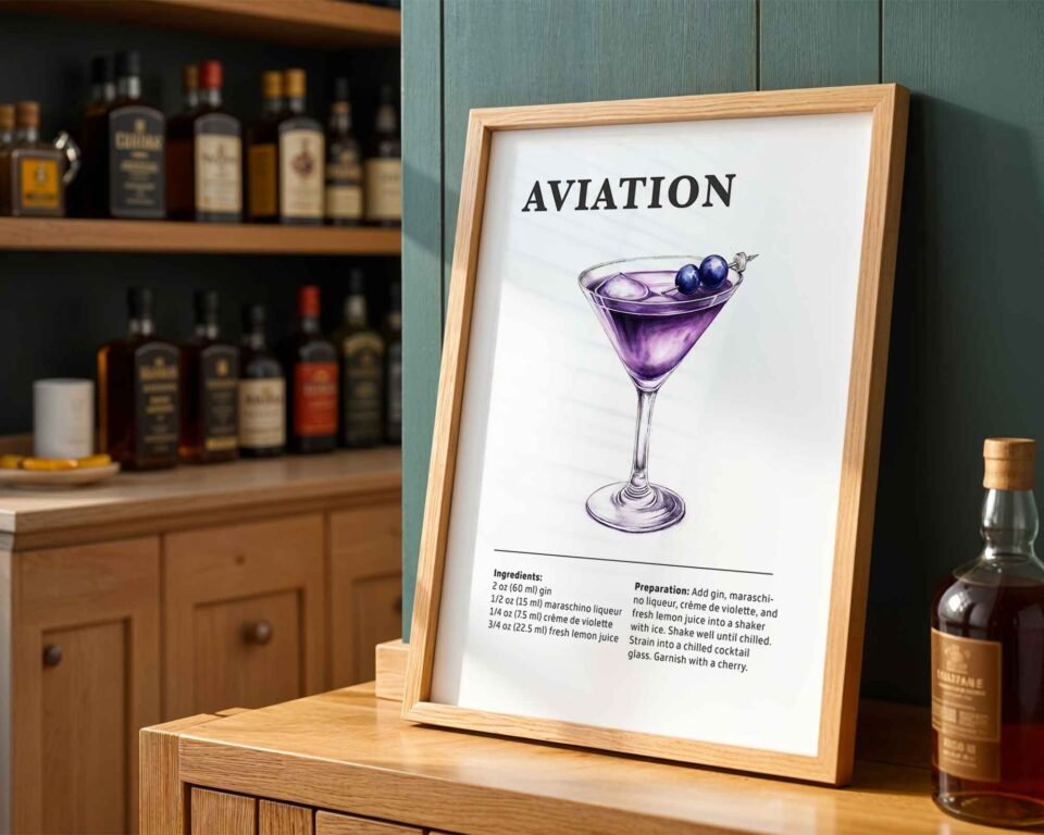Minimalist Aviation Poster Print | Illustrated Cocktail Recipe Print | Modern Kitchen and Bar Wall Art Prints