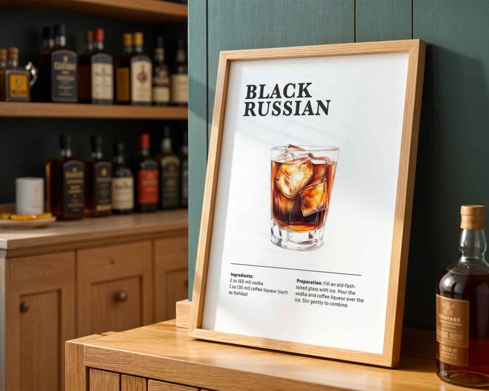 Black Russian Cocktail Recipe Poster Print | Minimalist Bar Cart Wall Art | Kitchen & Dining Room Decor | Illustrated Cocktail Guide