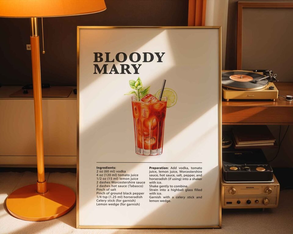 Classic Bloody Mary Wall Art Print | Illustrated Cocktail Poster for Home Bar | Kitchen & Bar Cart Decor Poster Print