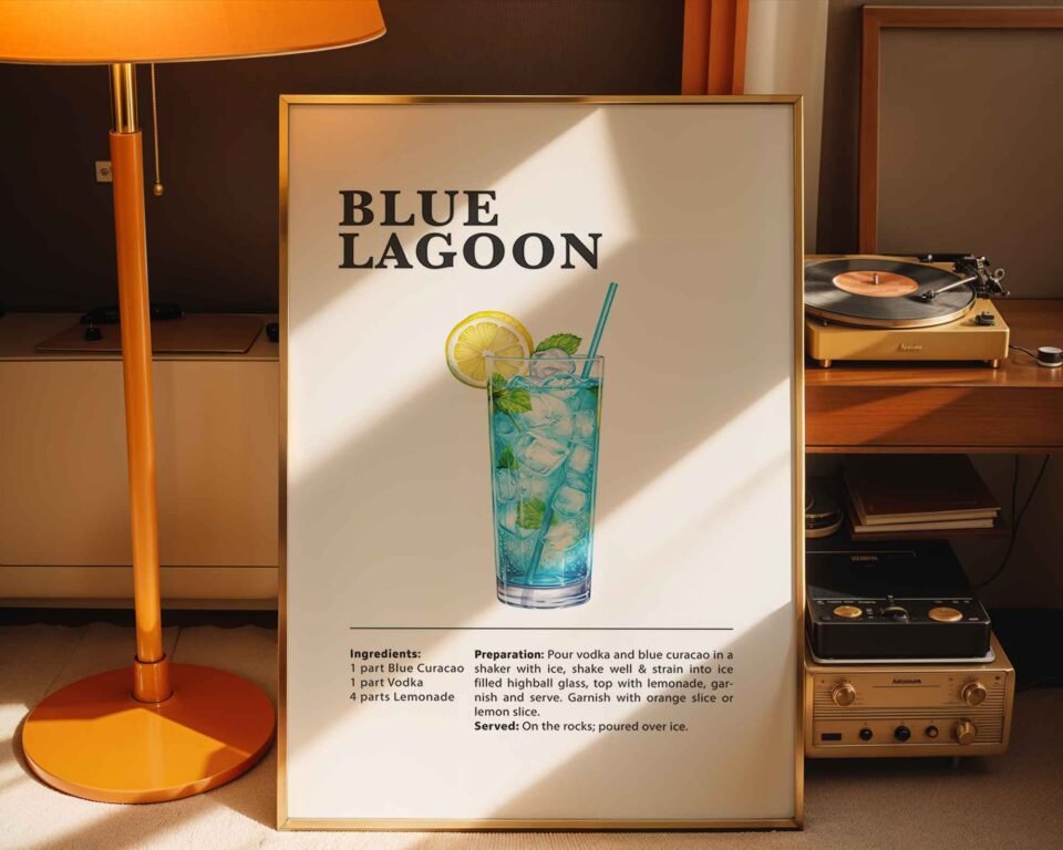 Minimalist Blue Lagoon Poster Print | Illustrated Cocktail Recipe Print | Modern Kitchen and Bar Wall Art Prints