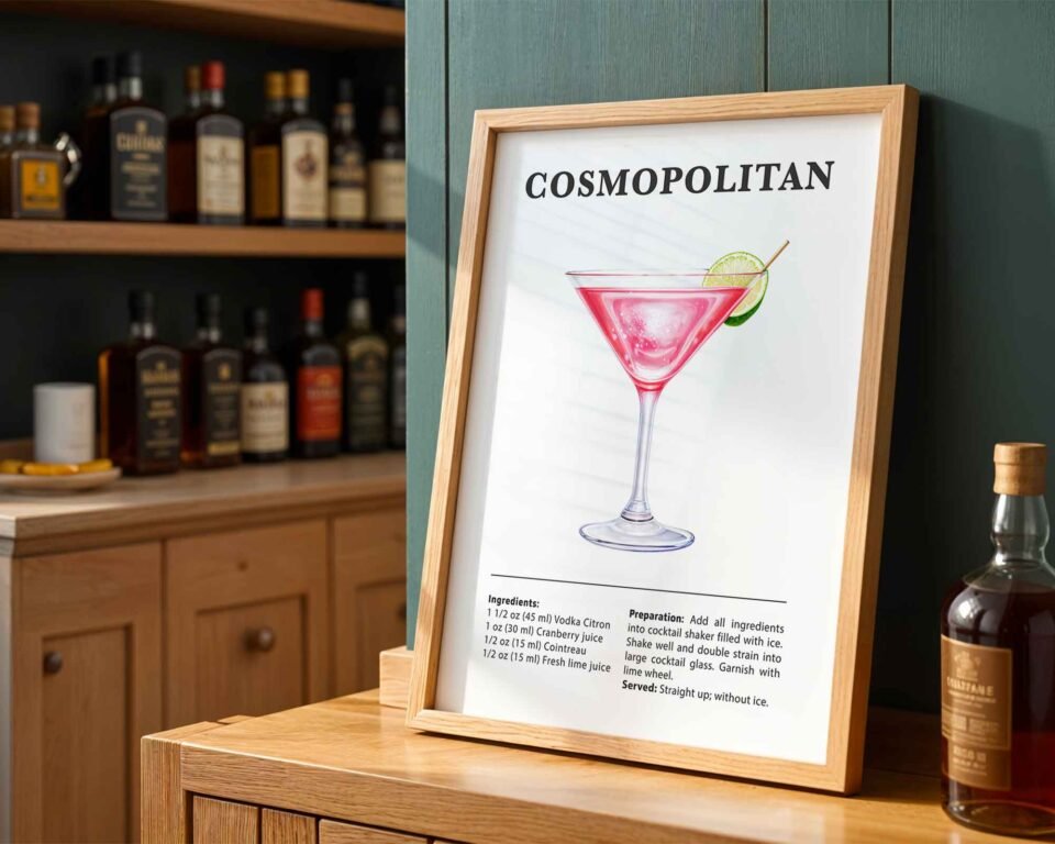 Minimalist Cosmopolitan Poster Print | Illustrated Cocktail Recipe Print | Modern Kitchen and Bar Wall Art Prints
