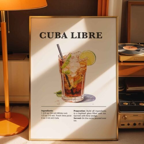 Cuba Libre Cocktail Recipe Poster Print | Minimalist Bar Cart Wall Art | Kitchen & Dining Room Decor | Illustrated Cocktail Guide
