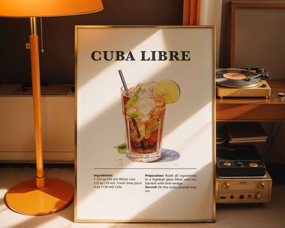 Cuba Libre Cocktail Recipe Poster Print | Minimalist Bar Cart Wall Art | Kitchen & Dining Room Decor | Illustrated Cocktail Guide