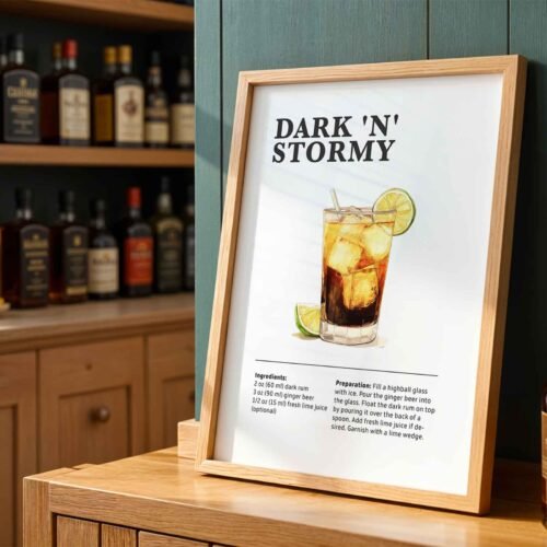 Classic Dark N Stormy Recipe Wall Art | Illustrated Cocktail Poster for Home Bar | Kitchen & Bar Cart Decor Poster Print