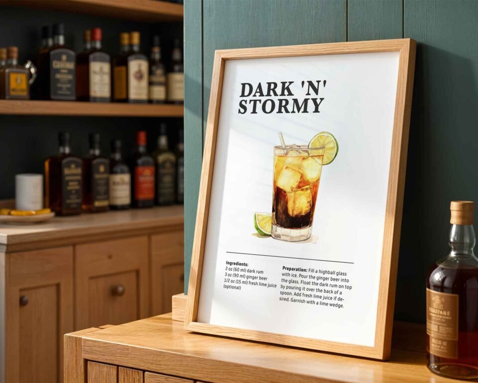 Classic Dark N Stormy Recipe Wall Art | Illustrated Cocktail Poster for Home Bar | Kitchen & Bar Cart Decor Poster Print